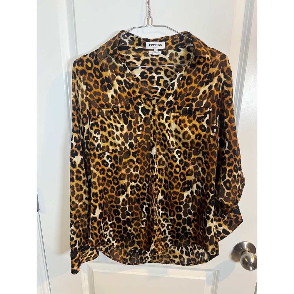Express Womens Blouse Leopard Animal Print Portofino Slim Brown S